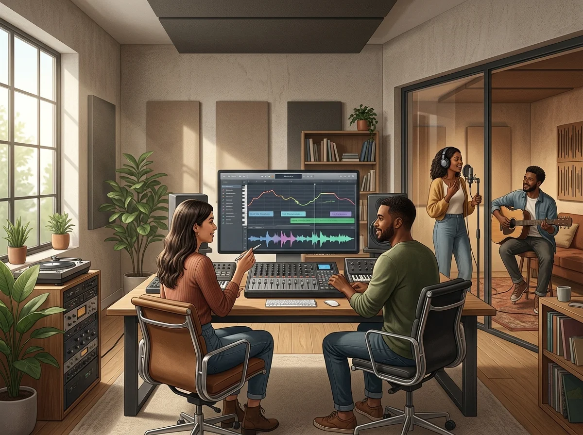 Independent musician shaping an AI music idea in a bright home studio