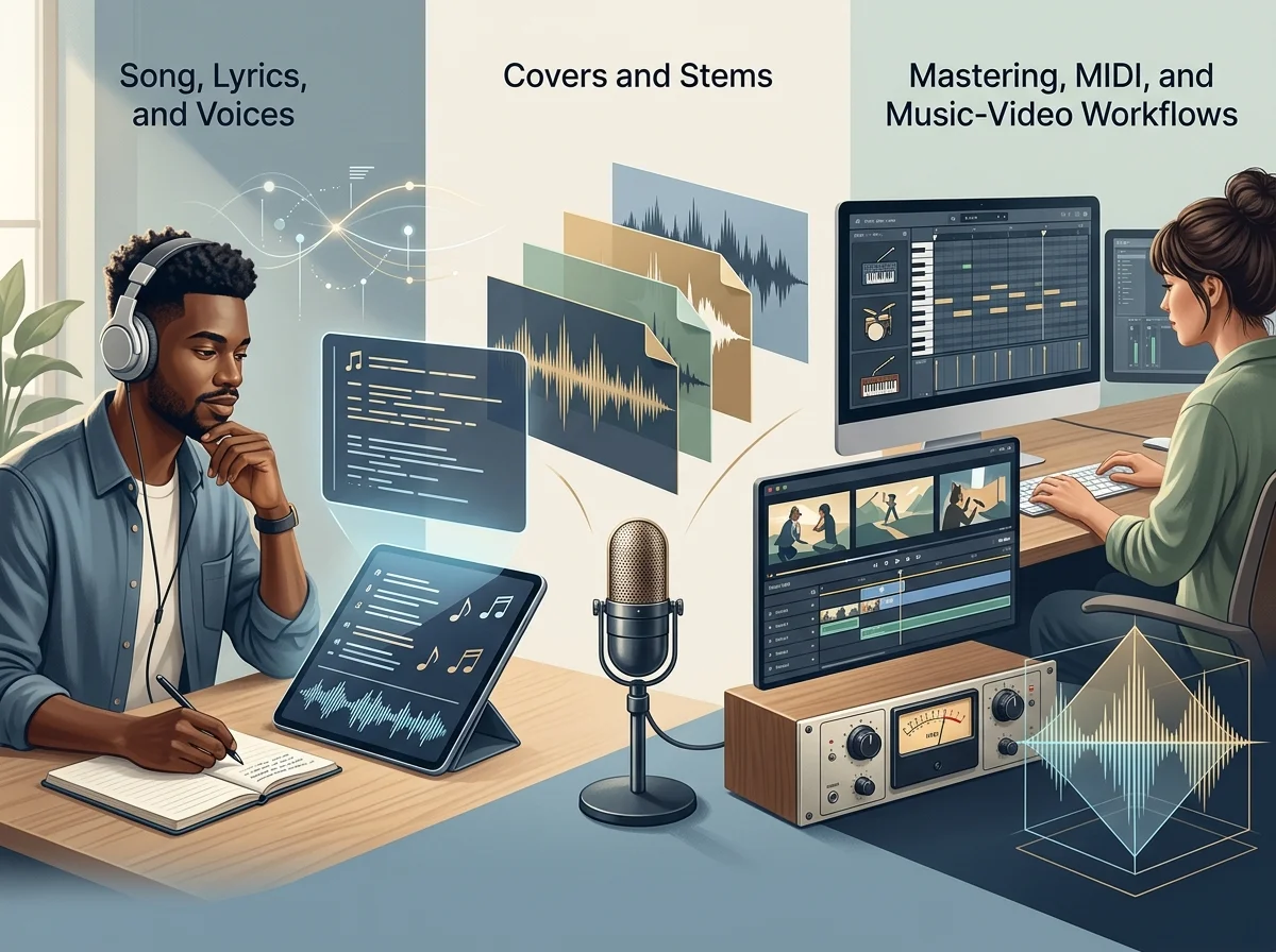 Independent musician shaping an AI music idea in a bright home studio