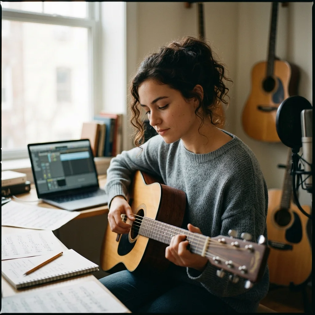 Independent musician shaping an AI music idea in a bright home studio