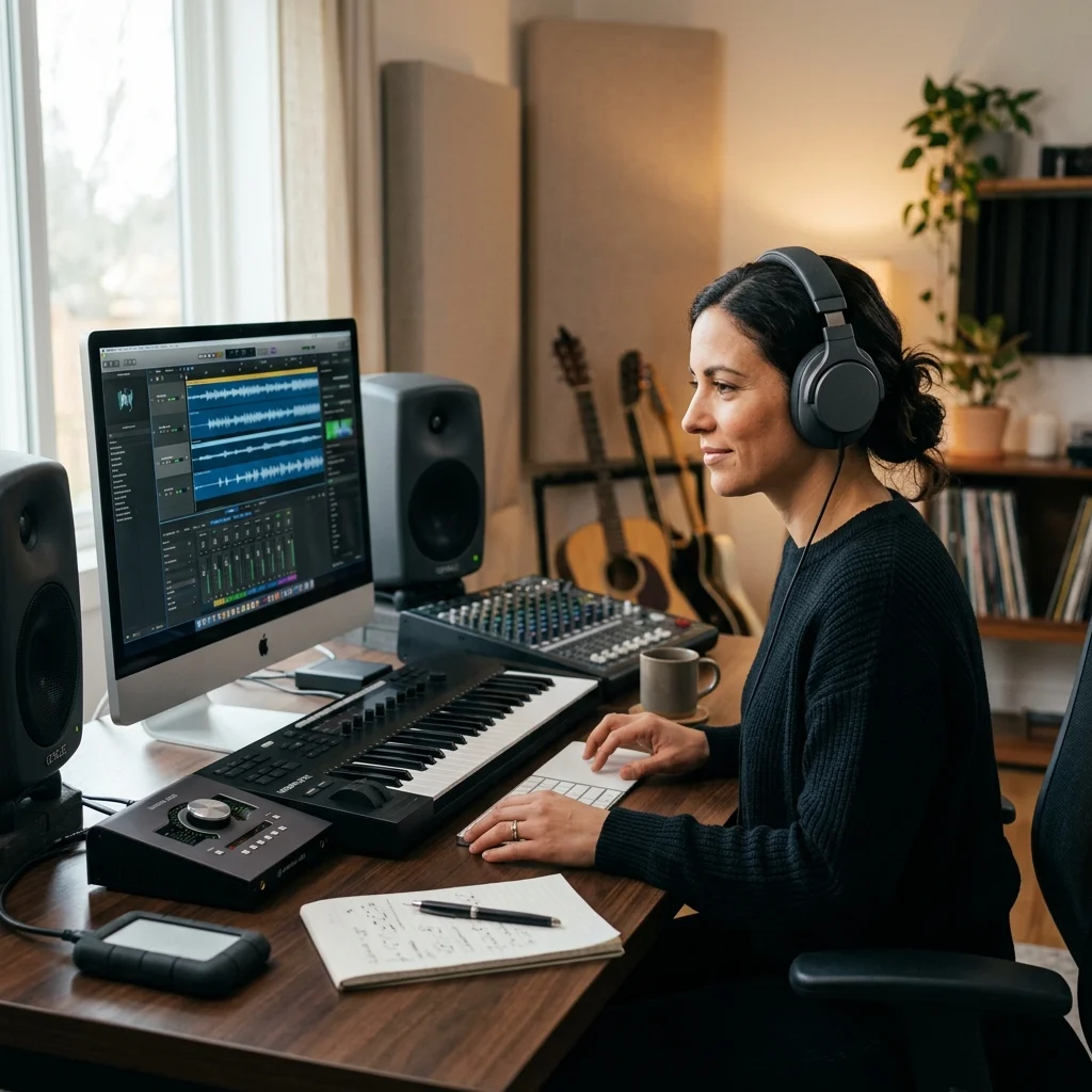 Songwriter turning rough ideas into lyrics with acoustic guitar nearby