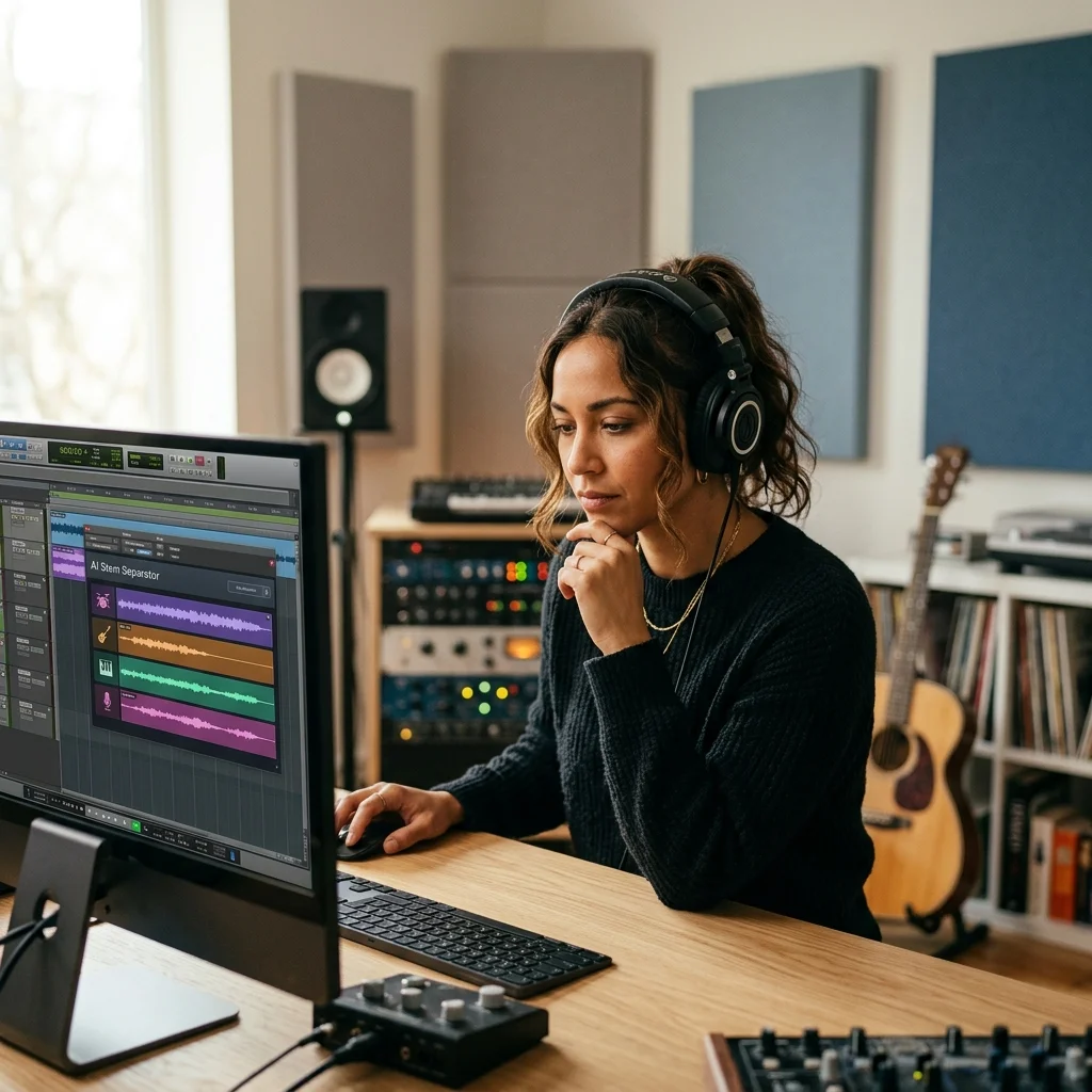 Audio engineer separating vocal and instrumental stems in a clean studio
