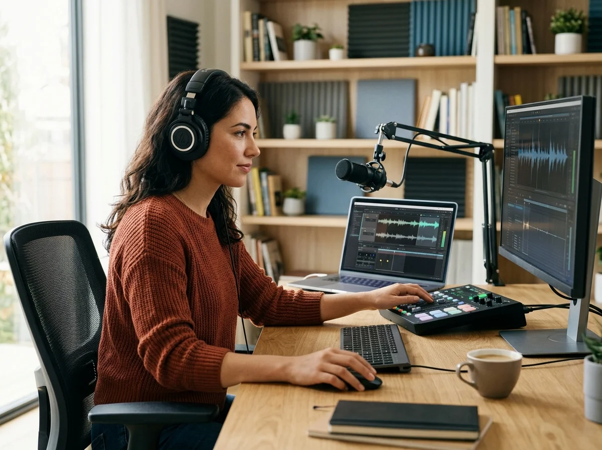 Independent musician shaping an AI music idea in a bright home studio