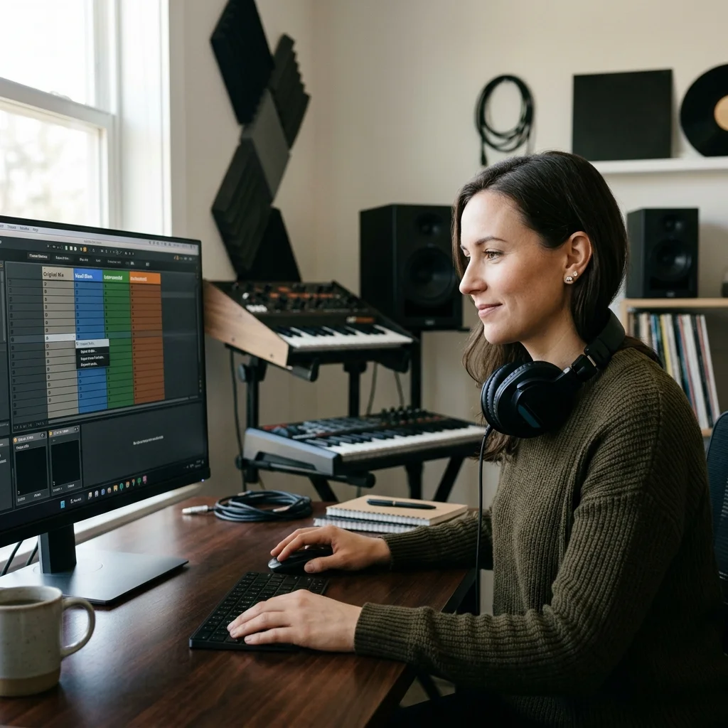 Audio engineer separating vocal and instrumental stems in a clean studio