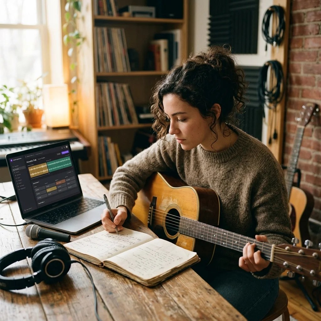 Independent musician shaping an AI music idea in a bright home studio