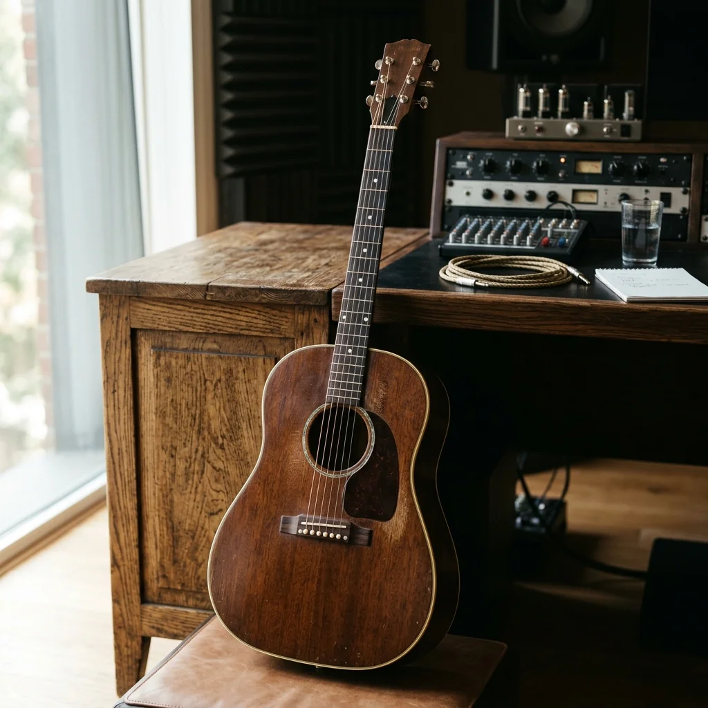 Songwriter turning rough ideas into lyrics with acoustic guitar nearby