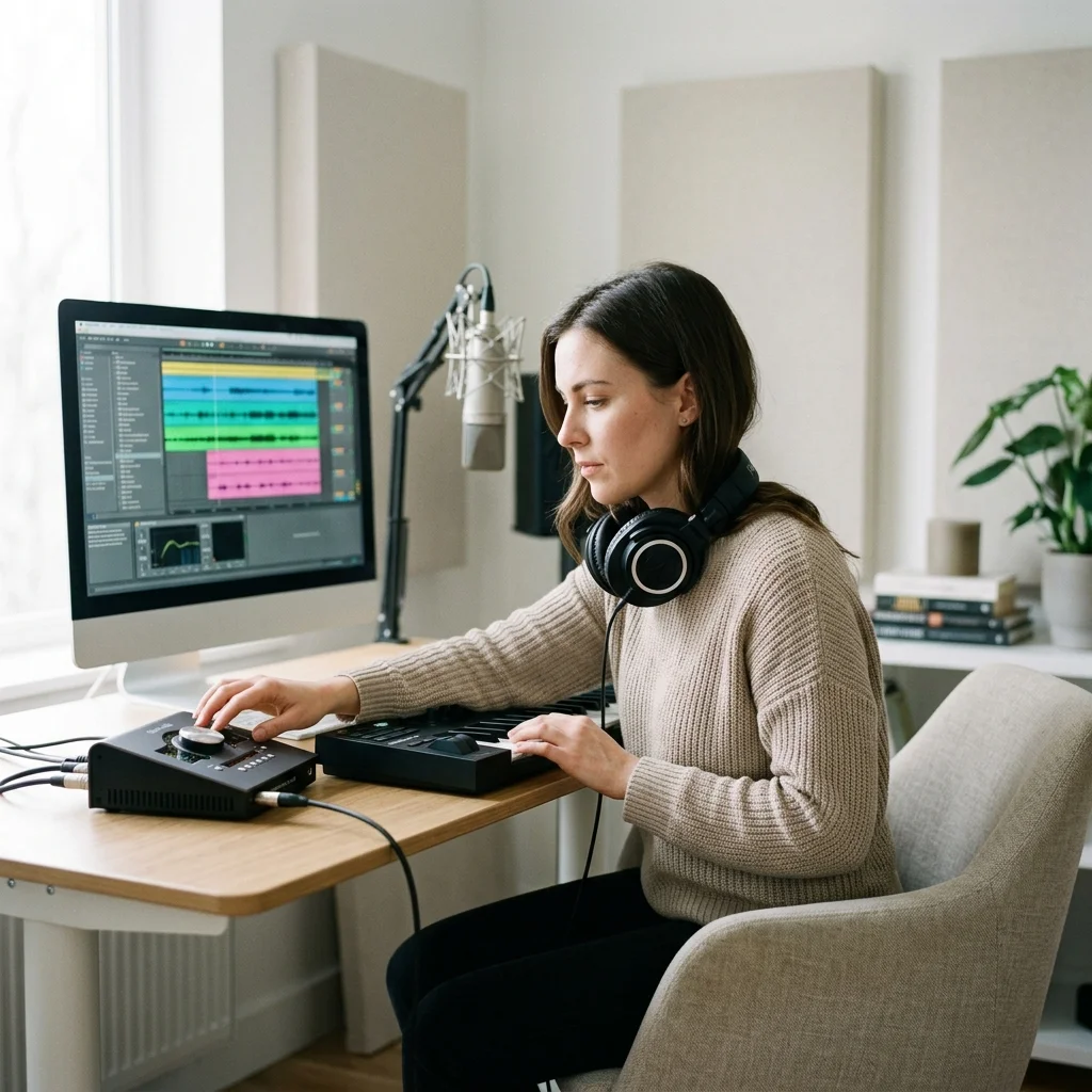 Independent musician shaping an AI music idea in a bright home studio