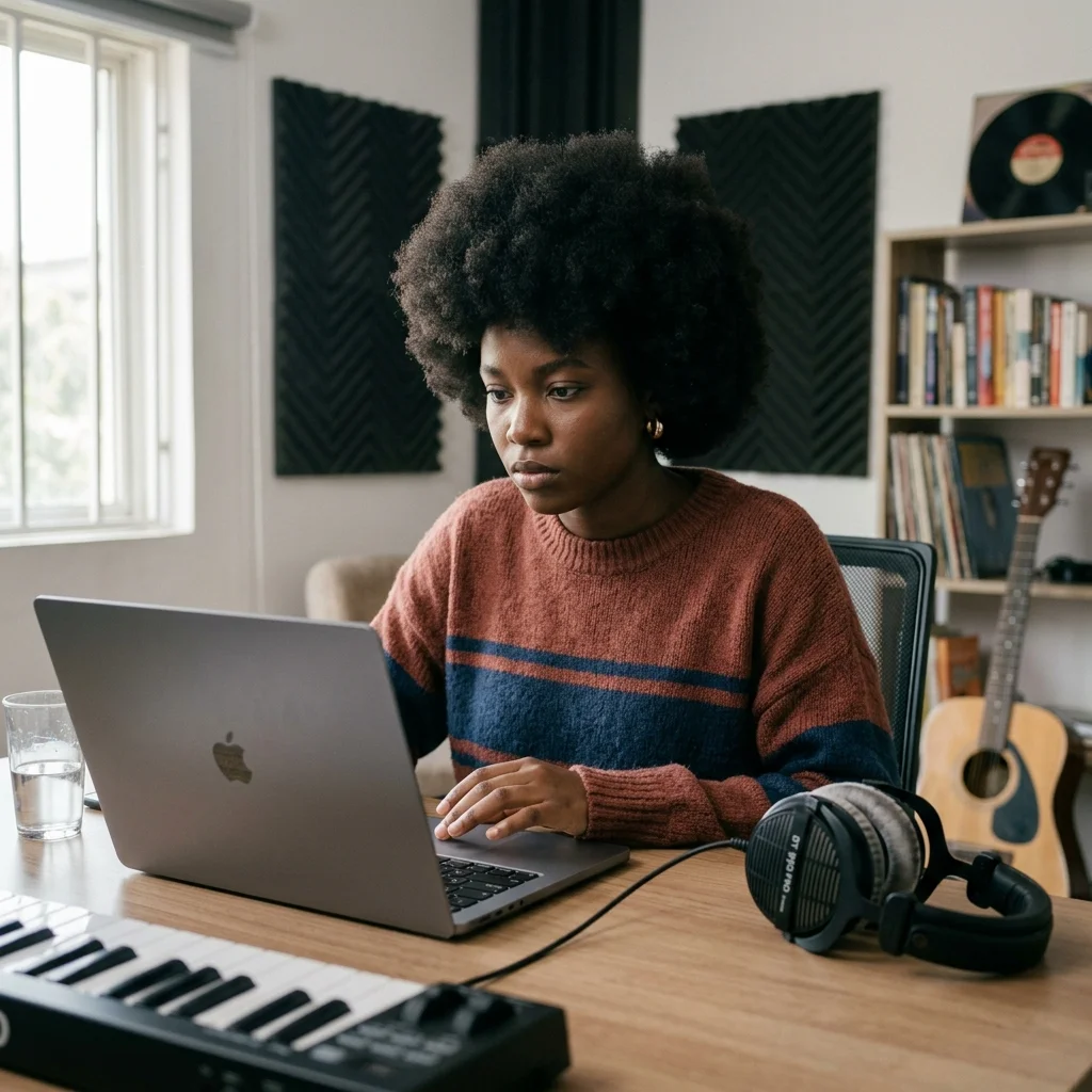 Beat producer tapping a drum pad controller for a new genre idea