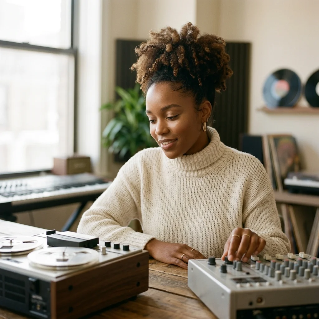 Independent musician shaping an AI music idea in a bright home studio