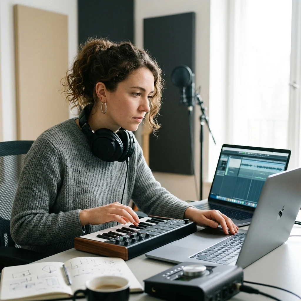 Creator shaping ambient background music with a compact sound texture device