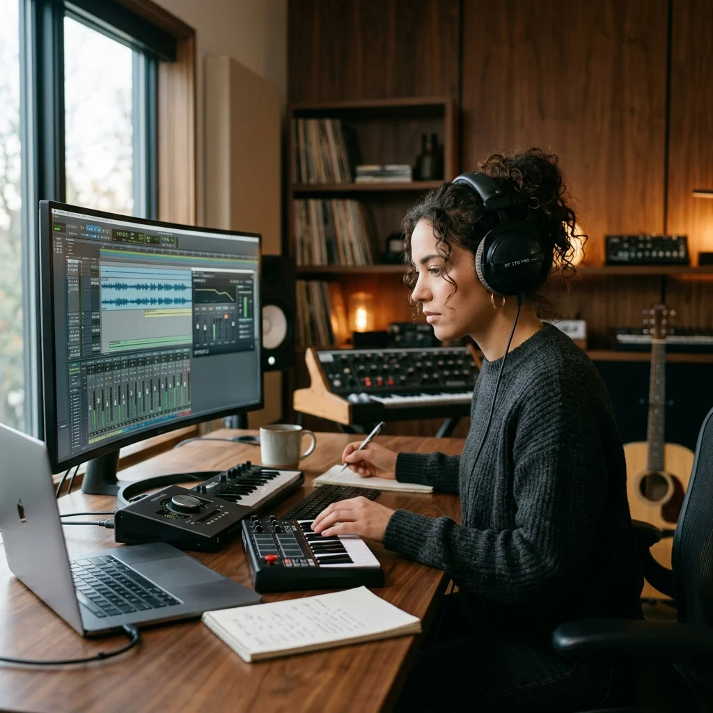 Creator shaping ambient background music with a compact sound texture device
