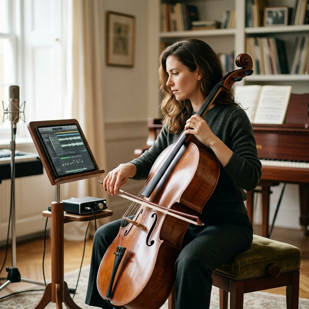 Independent musician shaping an AI music idea in a bright home studio