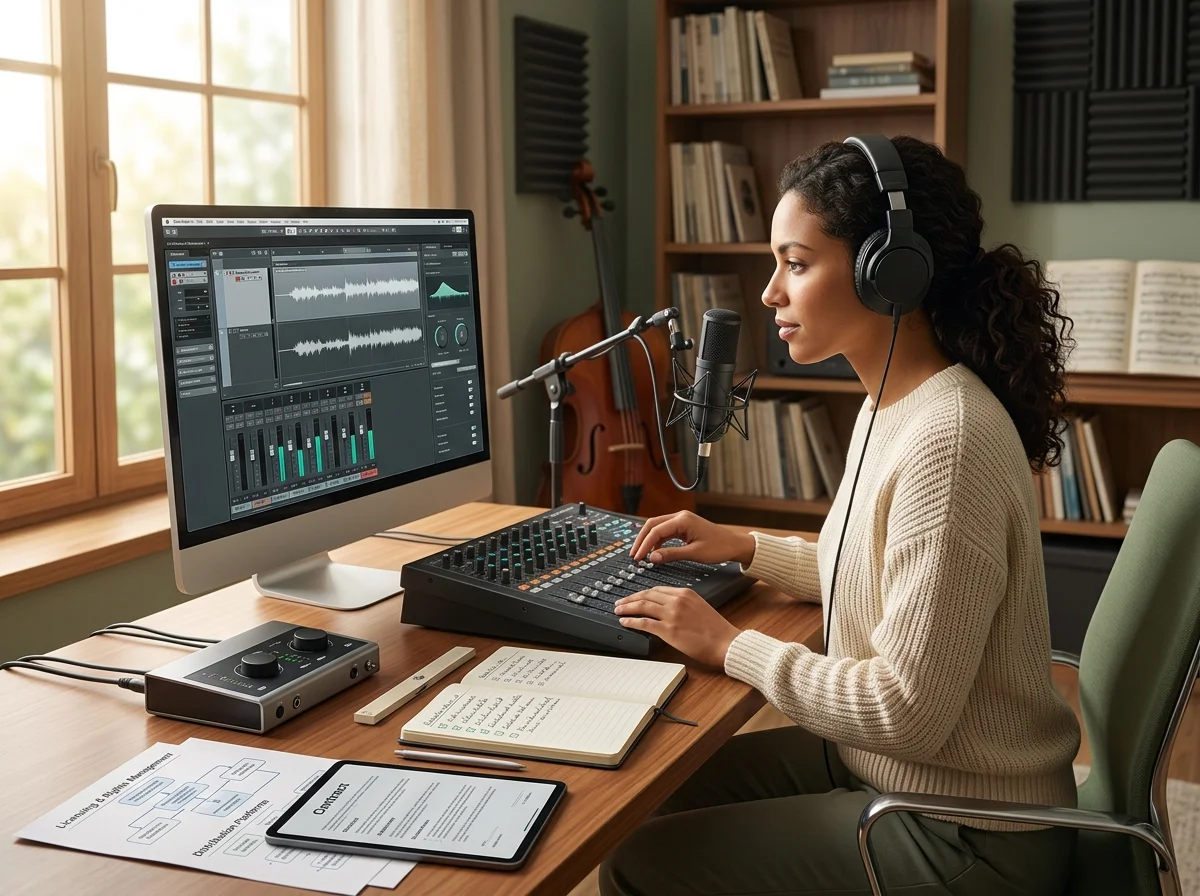 Creator editing a music video with waveform and caption timeline