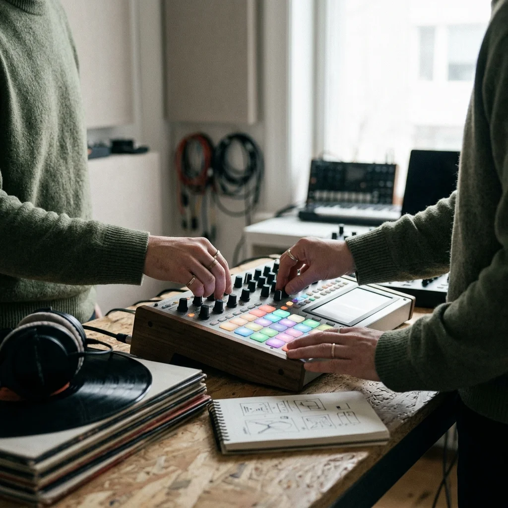 Beat producer tapping a drum pad controller for a new genre idea