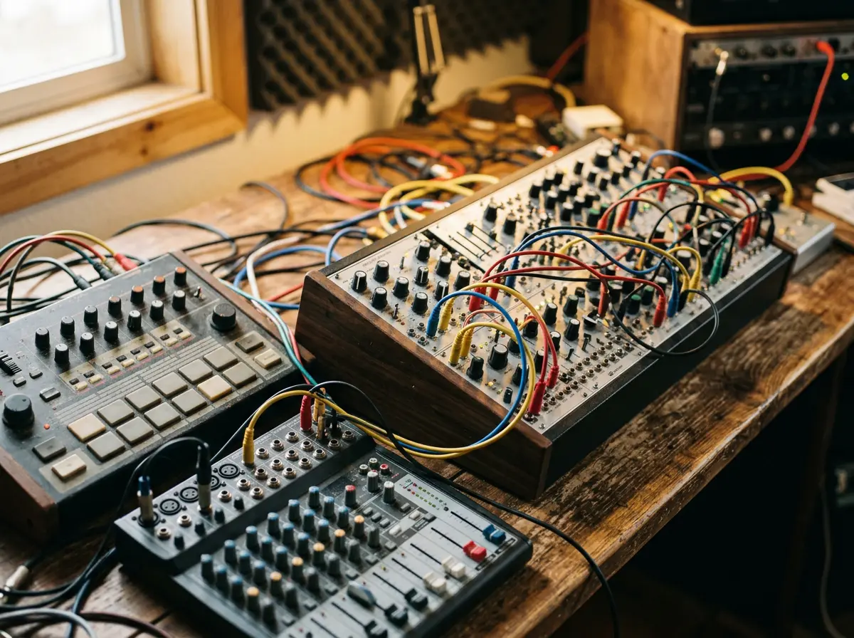 Hardware synthesiser and drum machine patched on a studio desk
