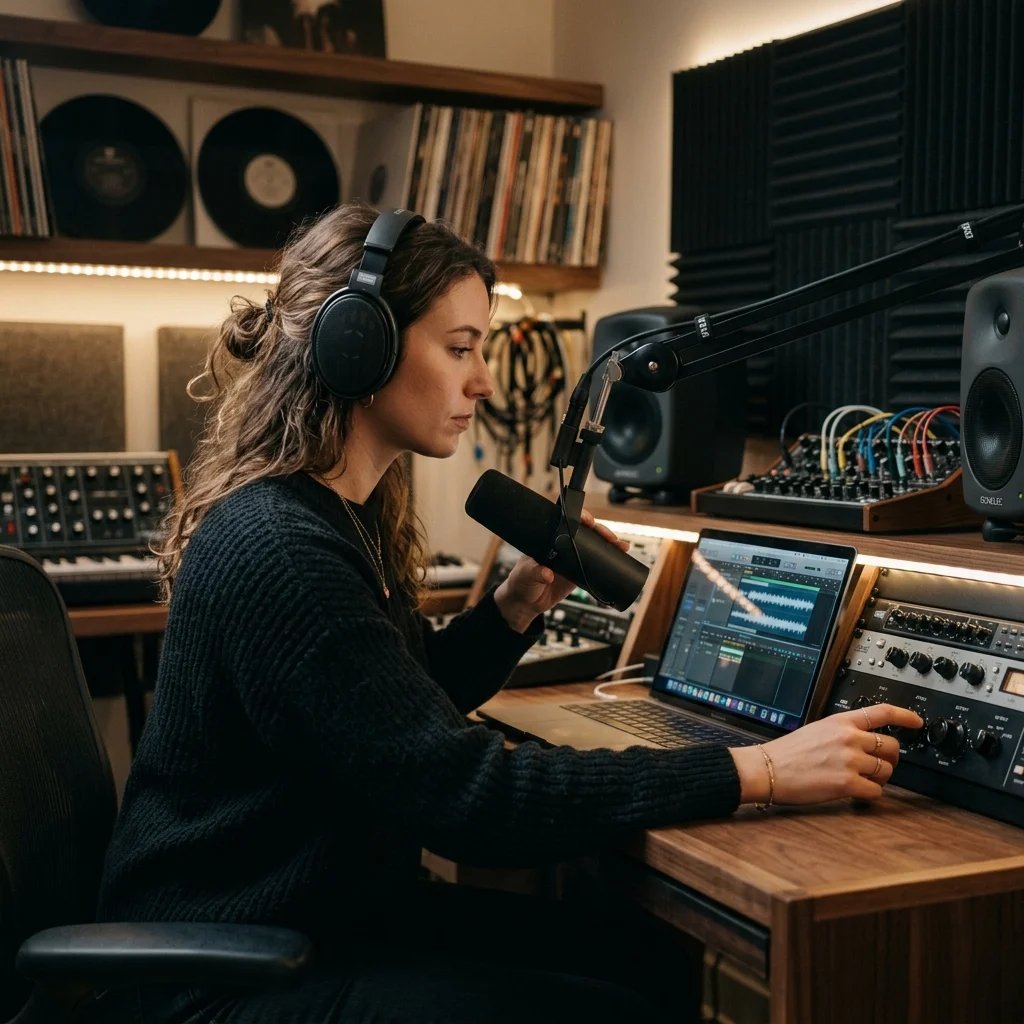 Independent musician shaping an AI music idea in a bright home studio