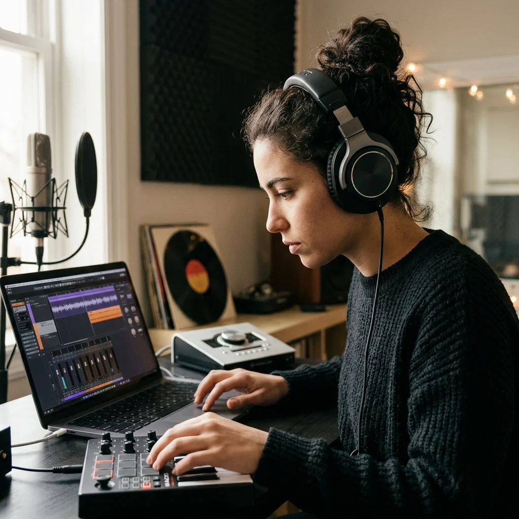 Beat producer tapping a drum pad controller for a new genre idea