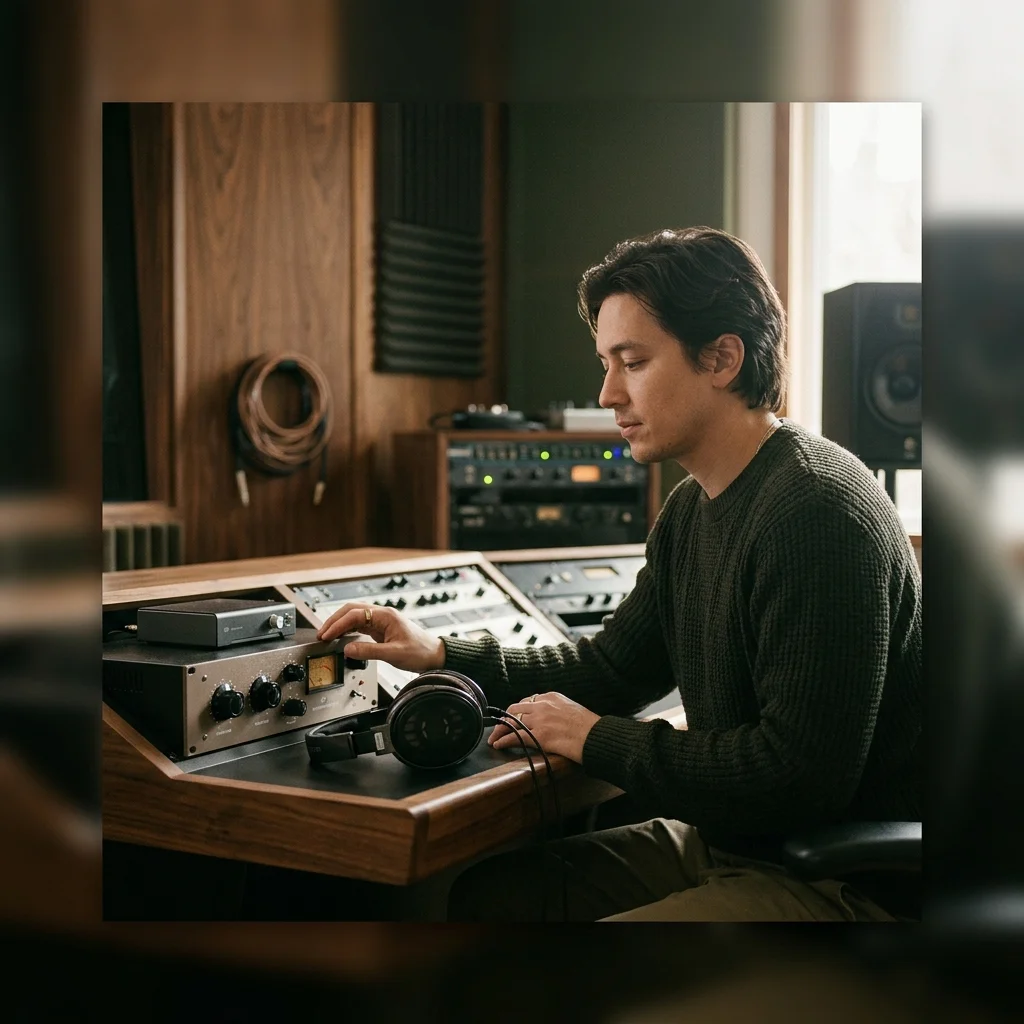 Independent musician shaping an AI music idea in a bright home studio