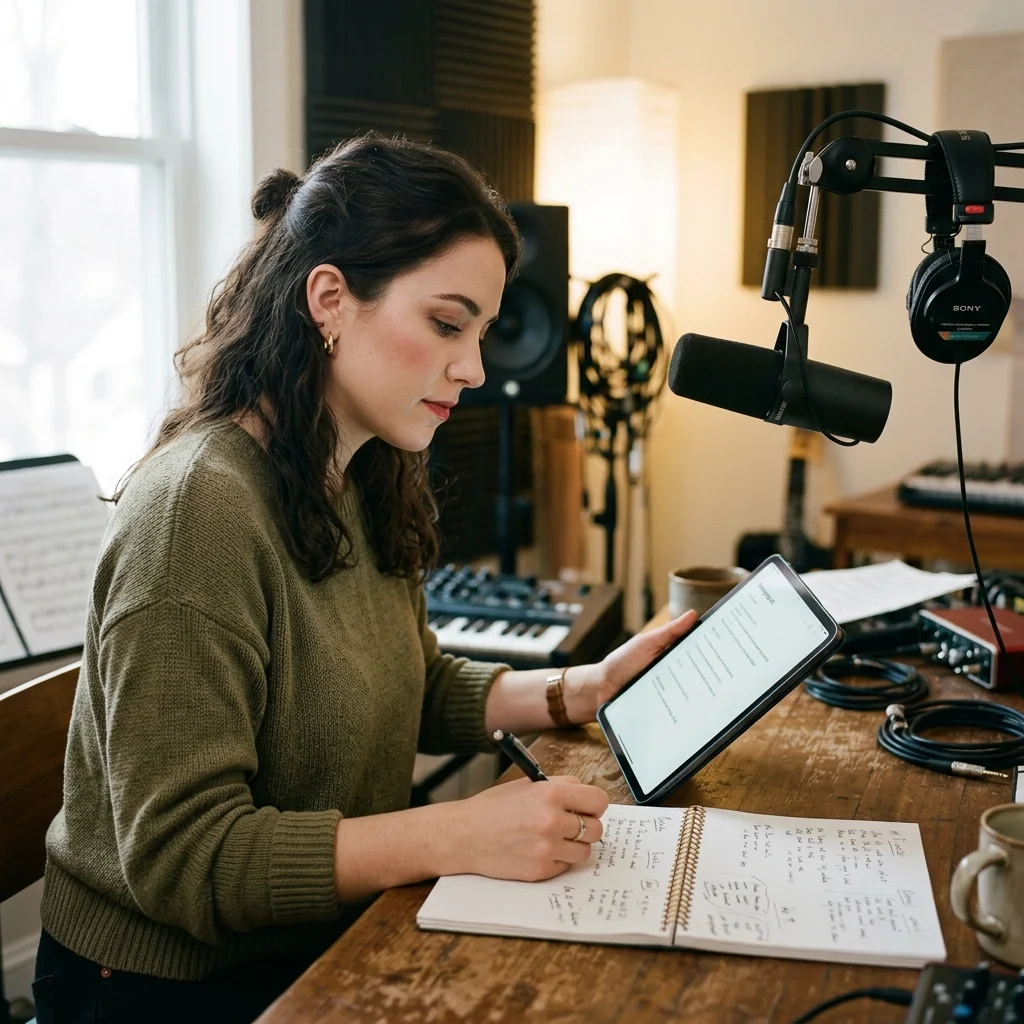 Songwriter turning rough ideas into lyrics with acoustic guitar nearby
