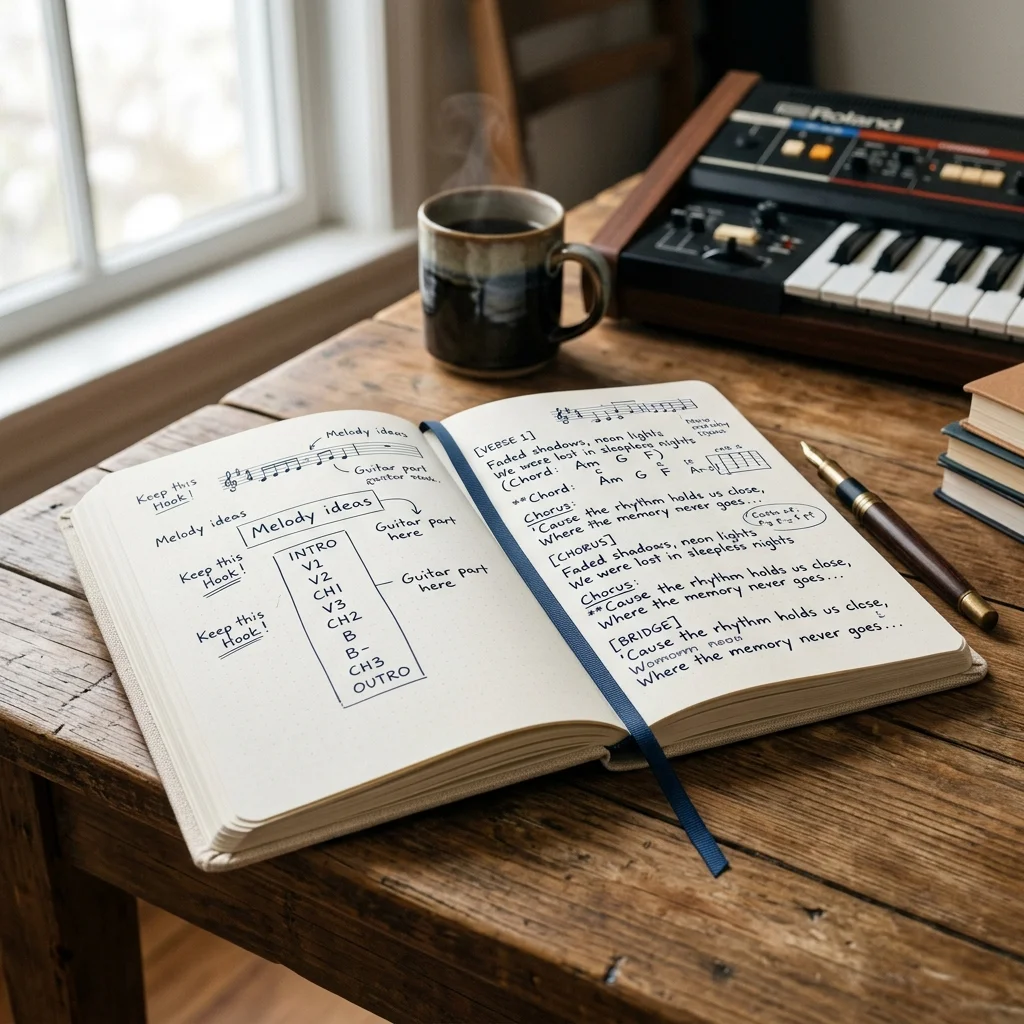Songwriter turning rough ideas into lyrics with acoustic guitar nearby