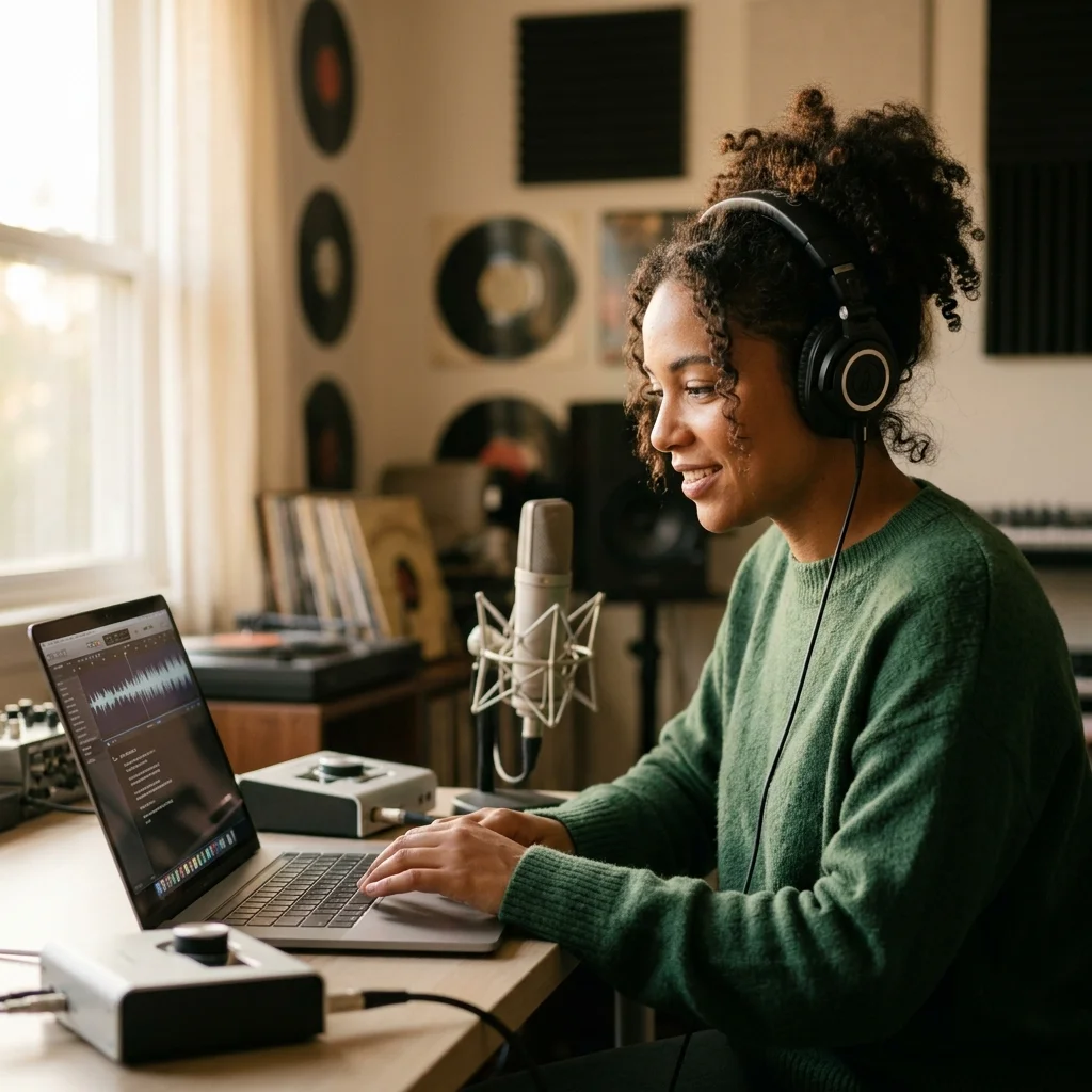 Independent musician shaping an AI music idea in a bright home studio