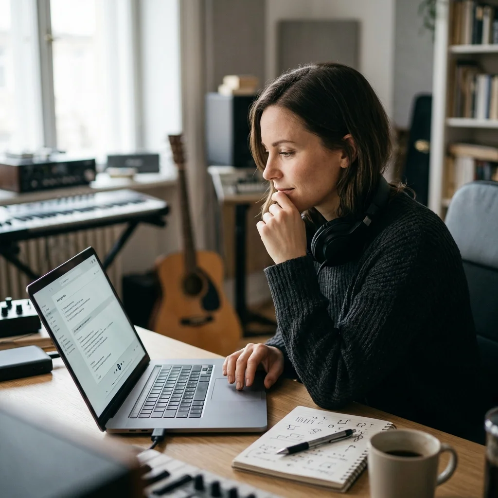 Songwriter turning rough ideas into lyrics with acoustic guitar nearby