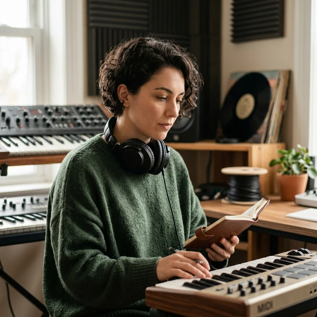 Independent musician shaping an AI music idea in a bright home studio