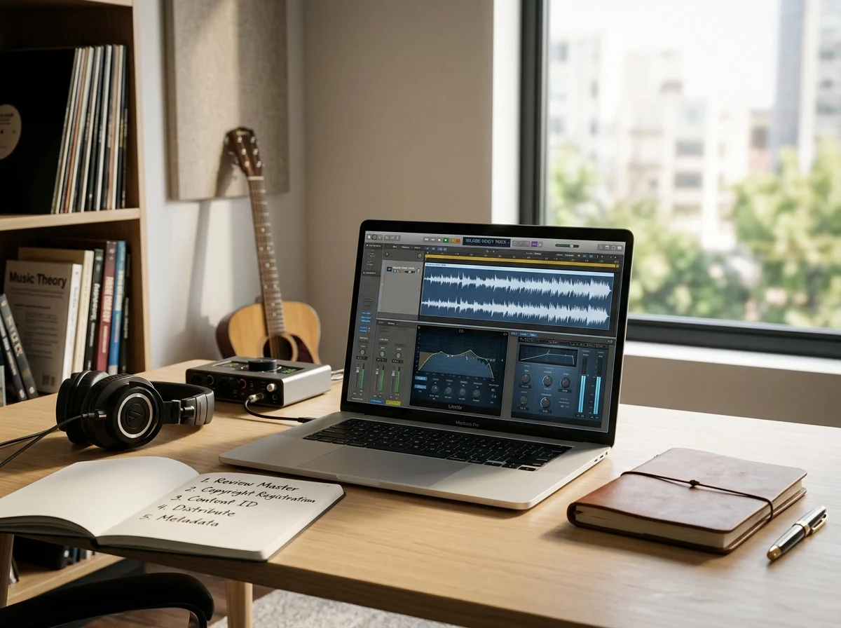 Creator editing a music video with waveform and caption timeline