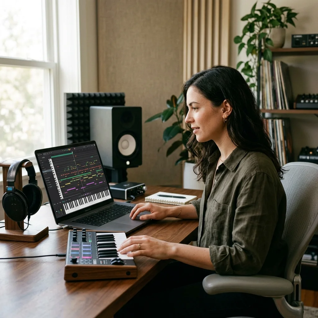 Composer building chords and MIDI ideas on a digital piano