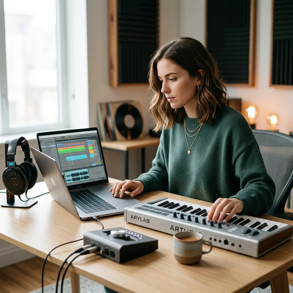 Composer building chords and MIDI ideas on a digital piano