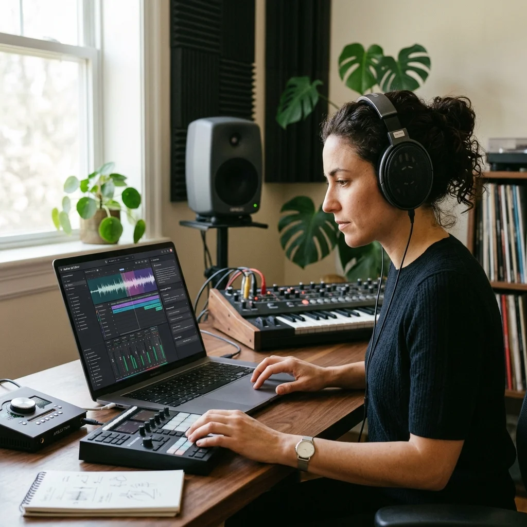 Independent musician shaping an AI music idea in a bright home studio
