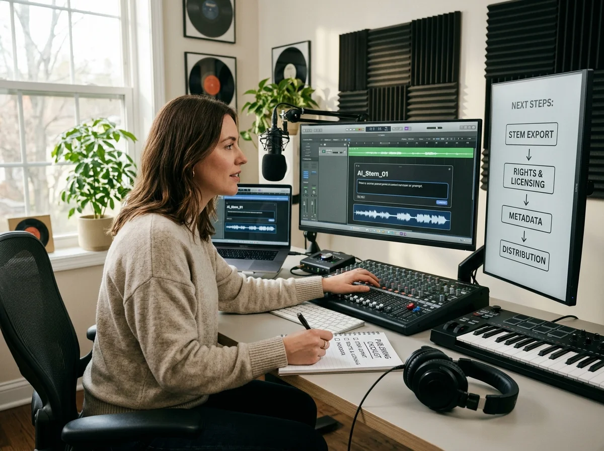 Creator editing a music video with waveform and caption timeline
