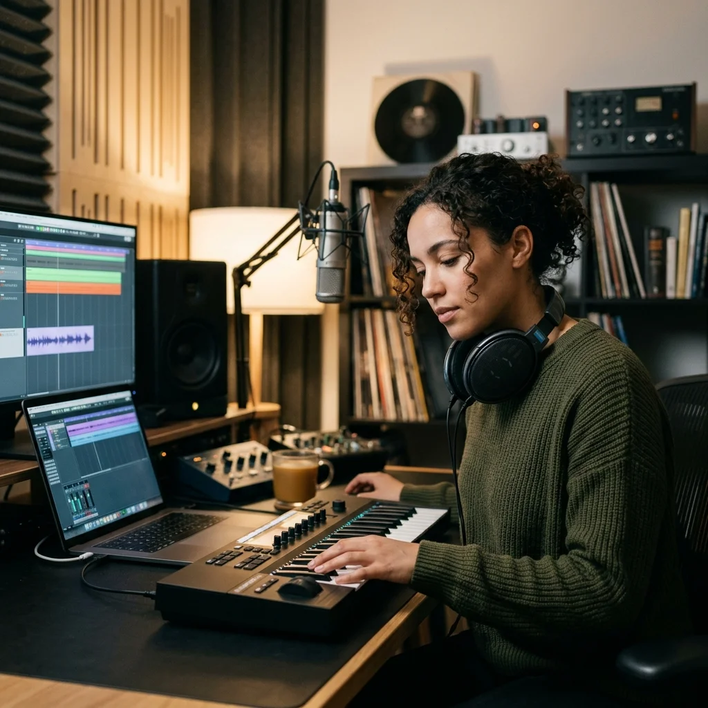 Audio engineer separating vocal and instrumental stems in a clean studio