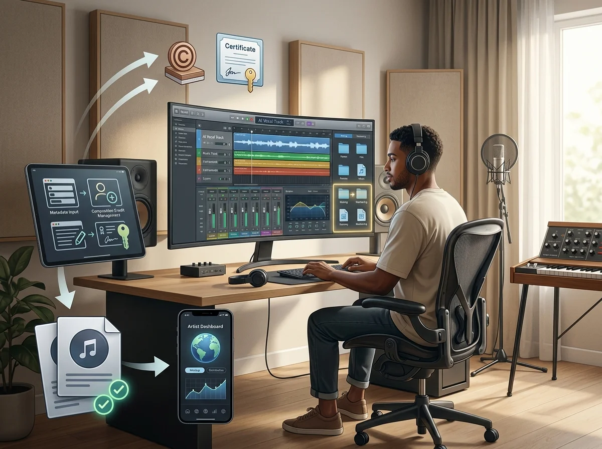 Independent musician shaping an AI music idea in a bright home studio