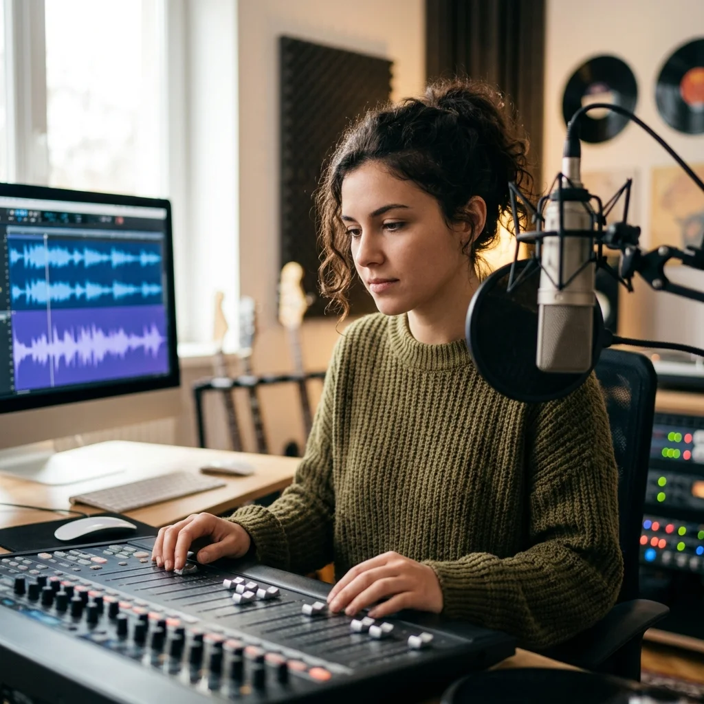 Audio engineer separating vocal and instrumental stems in a clean studio