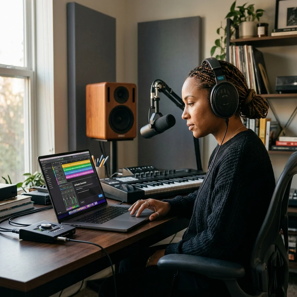 Independent musician shaping an AI music idea in a bright home studio