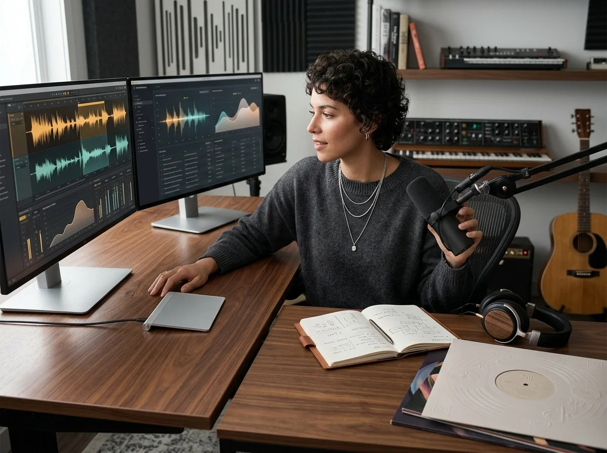 Creator editing a music video with waveform and caption timeline