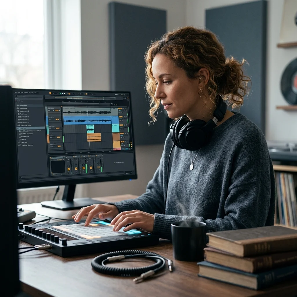 Independent musician shaping an AI music idea in a bright home studio