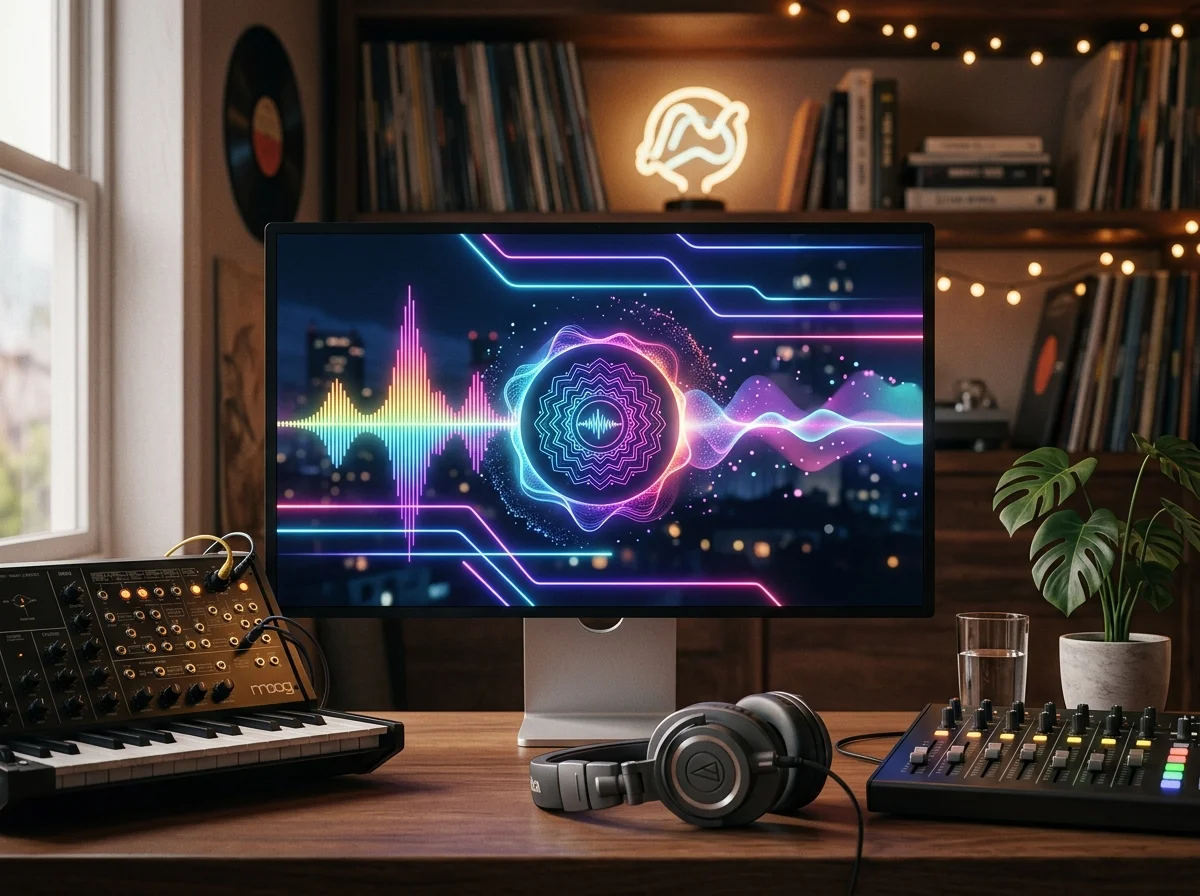 Creator editing a music video with waveform and caption timeline
