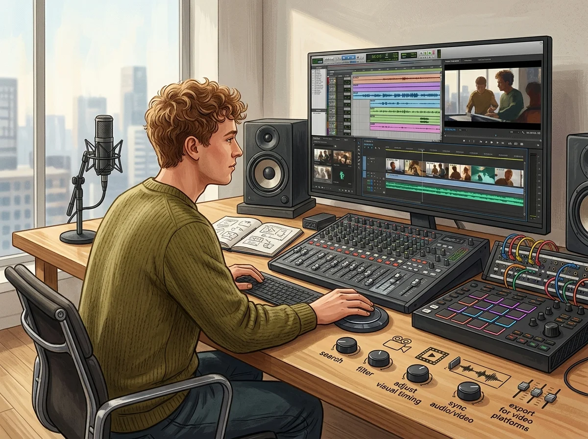 Sound designer analyzing BPM key and pitch before editing audio