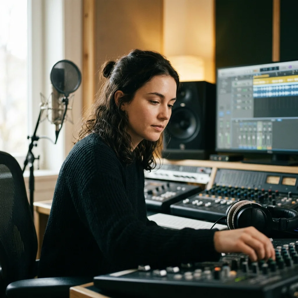 Independent musician shaping an AI music idea in a bright home studio