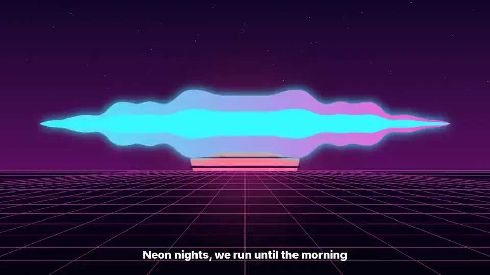 Lyric video frame: the line Neon nights, we run until the morning under a synthwave sun, a glowing wave and a neon grid