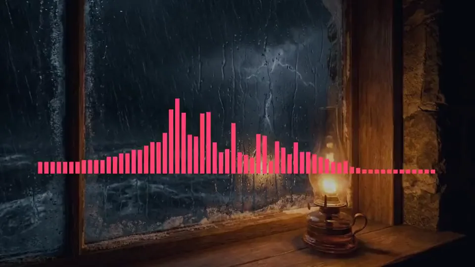 Photo video frame: an AI picture of an oil lantern on the sill of a rain-streaked window in a storm, under a sound wave