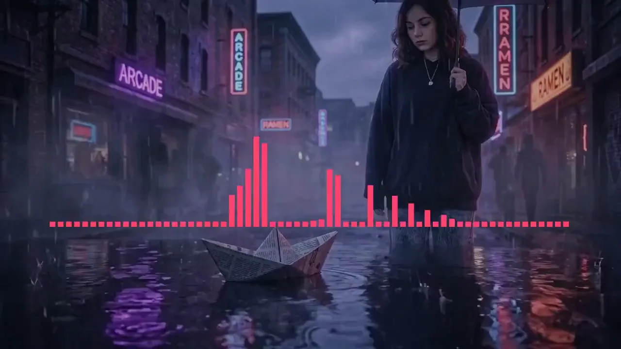 Story video frame: a paper boat on a rain-soaked neon street beside a woman under an umbrella, from an AI clip made on Music Video Maker