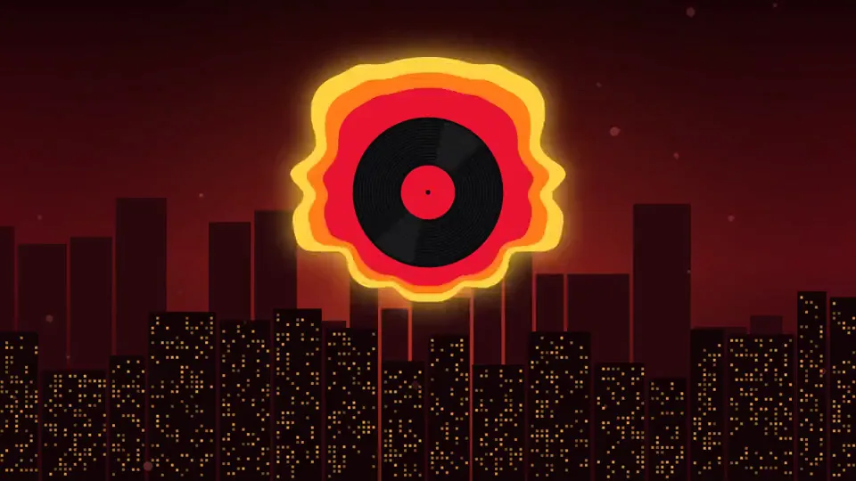 Neon City visualizer frame: a record in a yellow-to-red wave over a night skyline with lit windows