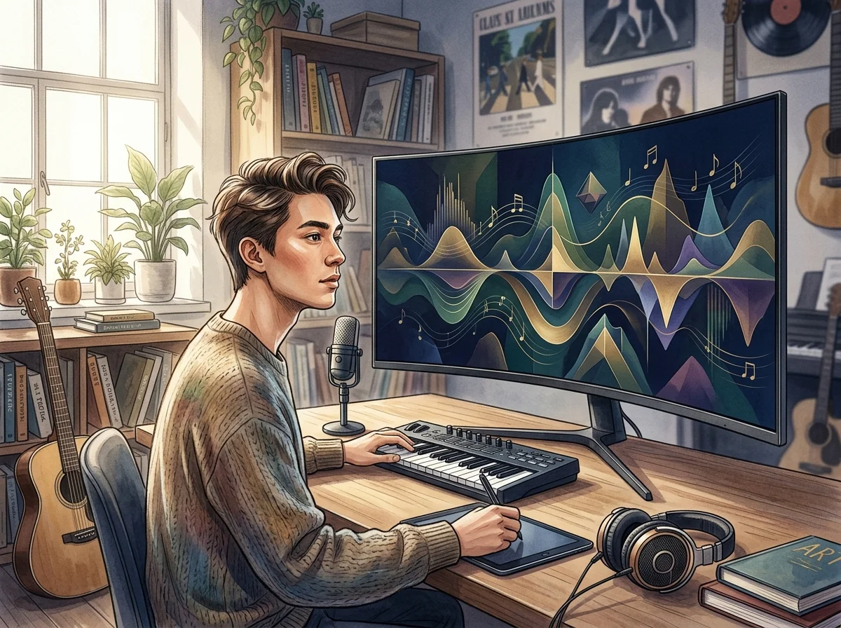 Creator editing a music video with waveform and caption timeline