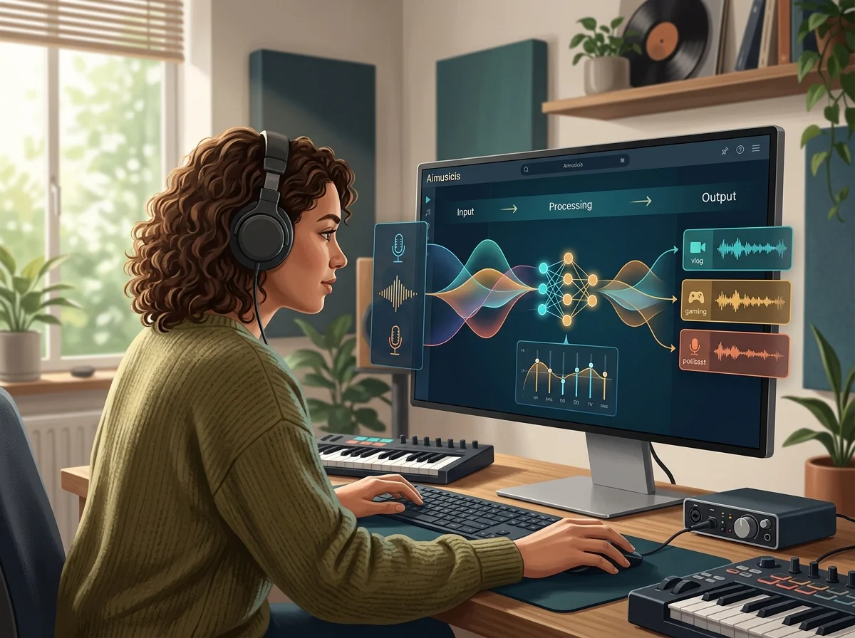 Independent musician shaping an AI music idea in a bright home studio