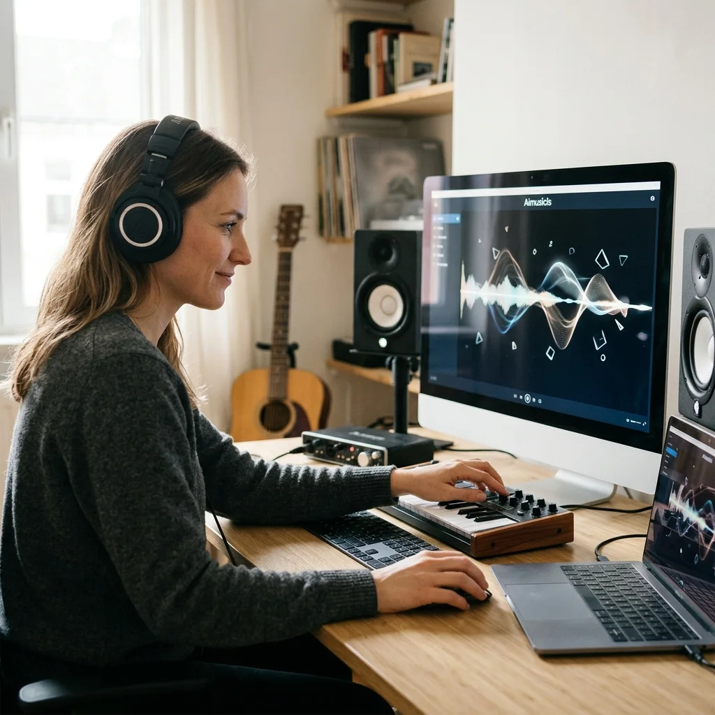 Independent musician shaping an AI music idea in a bright home studio