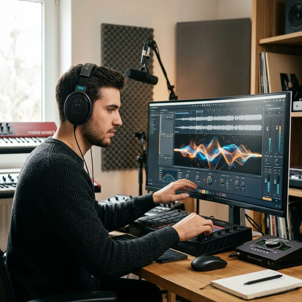 Sound designer analyzing BPM key and pitch before editing audio