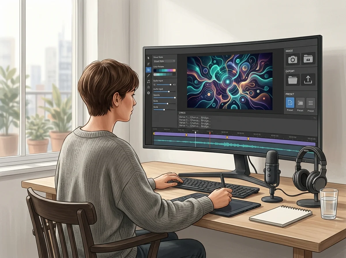 Creator editing a music video with waveform and caption timeline
