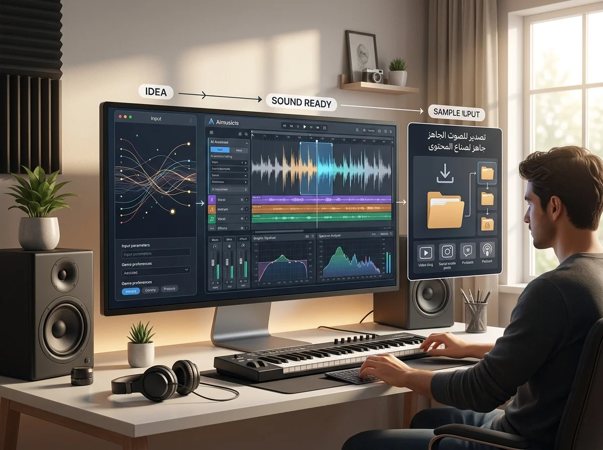 Creator editing a music video with waveform and caption timeline